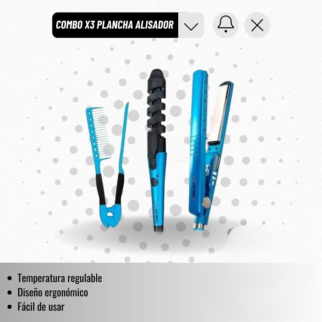 Super Combo 3X1 Plancha Digital + Rizador + Peine