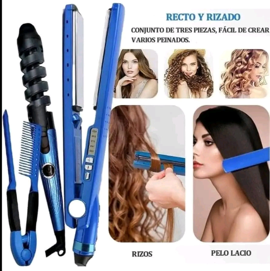 Super Combo 3X1 Plancha Digital + Rizador + Peine