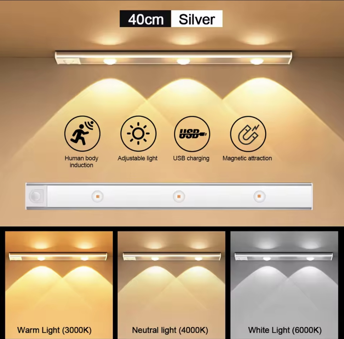 LUZ LED SENSOR MOVIMIENTO USB 20CM/40CM/60CM
