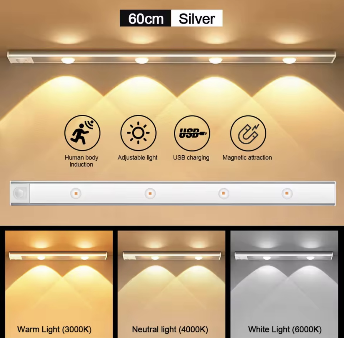 LUZ LED SENSOR MOVIMIENTO USB 20CM/40CM/60CM