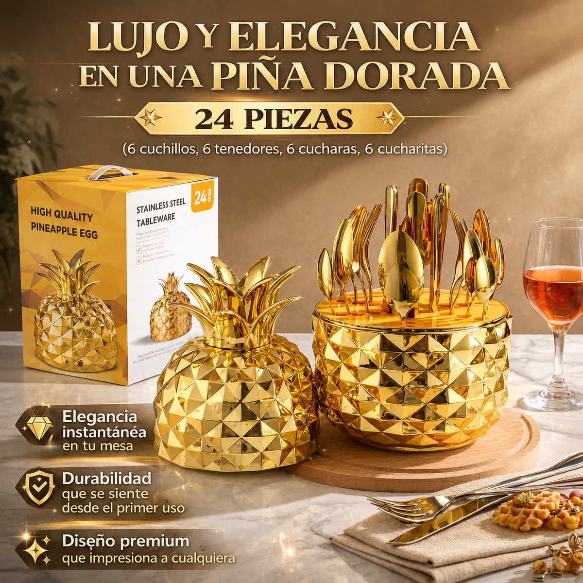 ✨🍍🥚SET DE CUBIERTOS X 24 - DISEÑO PIÑA Y DISEÑO HUEVO 🍍🥚✨